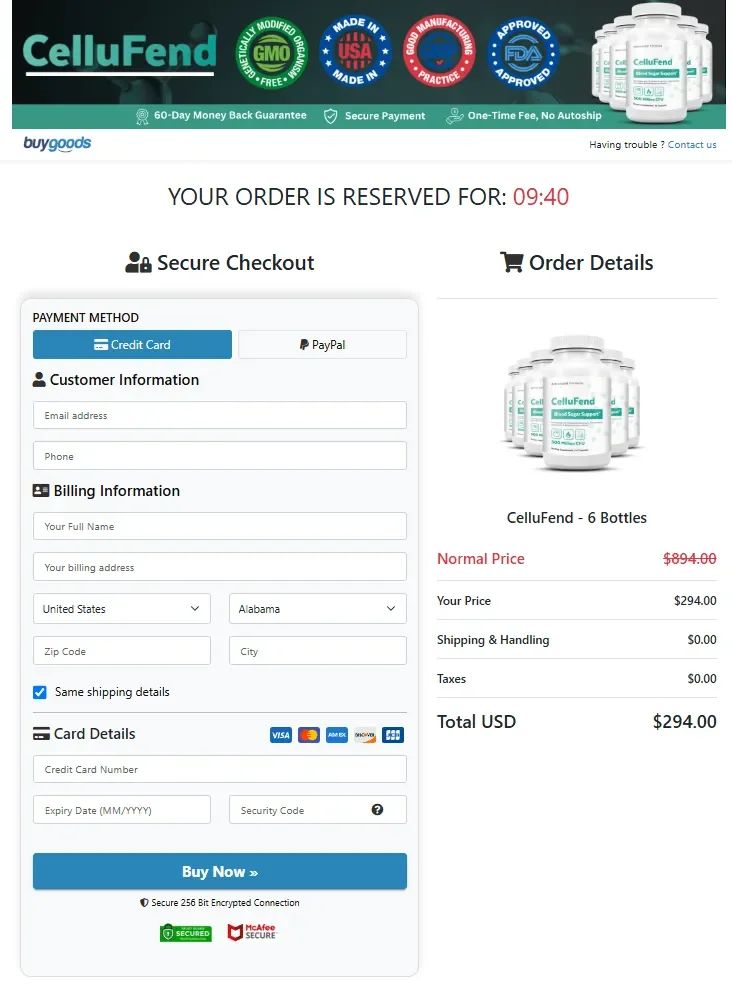 CelluFend checkout page